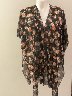 Forever 21 Black Sheer Floral Kimono with Peach Roses
